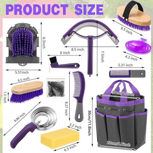 Abbylike 12 Pieces Horse Grooming Kit with Organizer Tote Bag Tack Room Supplies Horse Brush Sets Equine Care Cleaning Kit Shedding Grooming Massaging Tools(Grey and Purple)