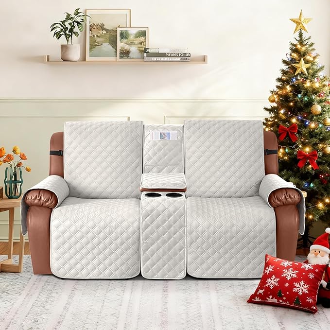 Ruaozz Waterproof Loveseat Recliner Cover with Console Non-Slip Reclining Couch Covers Split Sofa Slipcovers with Elastic Straps Furniture Protector for Kids, Dogs, Pets (Beige,2 Seater)