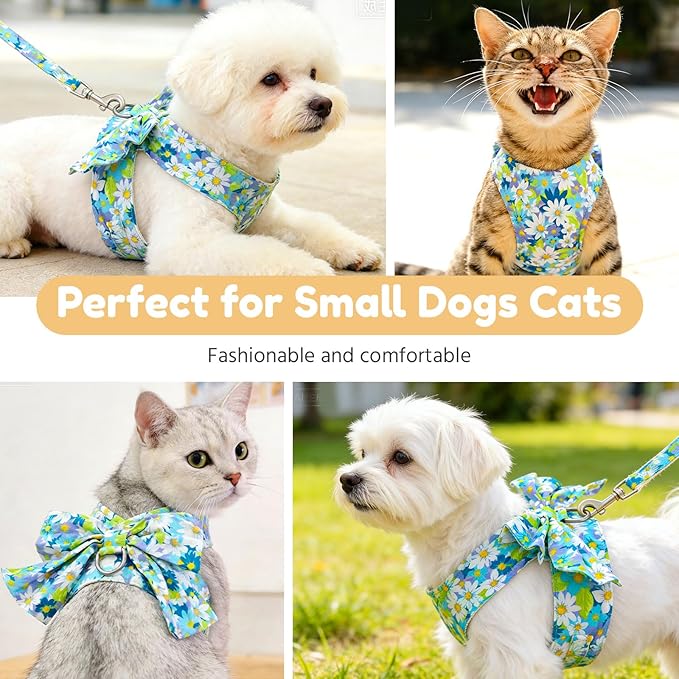 BAEJMJK Dog Harness and Leash Set with Bow Knot No Pull Pet Daisy Floral Harness with D-Ring Soft Mesh Dog Harness Vest Set Escape Proof Princess Puppy Harness for Small Girl Dogs Cats(Blue A M)