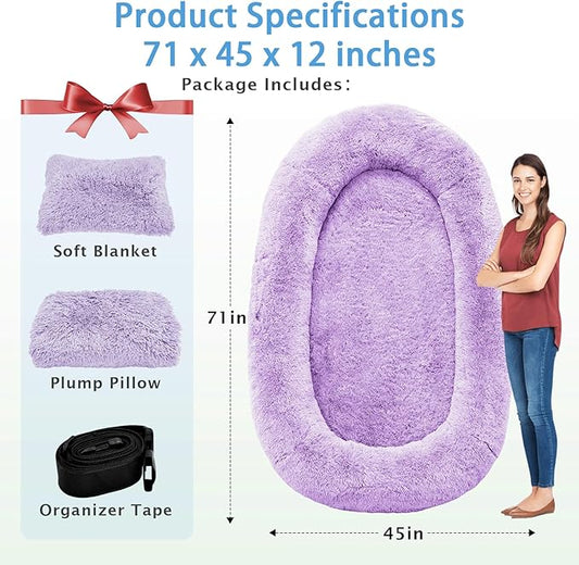 Human Dog Bed, 71''x45''x12'' Size Fits People and Pet 10 CM Thick Memory Foam Washable Adult Large Bed Giant Oversize Foldable Dog Bed with Plump Pillow, Blanket, Strap - Purple