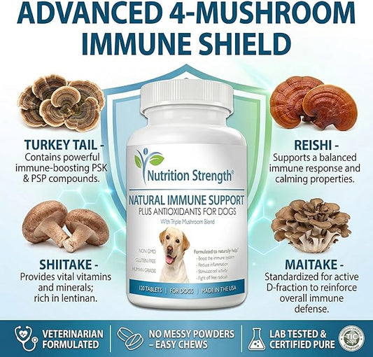 Immune Support for Dogs - Turkey Tail, Reishi, Shiitake & Maitake Mushroom Complex - Senior Dog Health, Antioxidants, CoQ10, Selenium, Vitamin A - 120 Chewable Tablets
