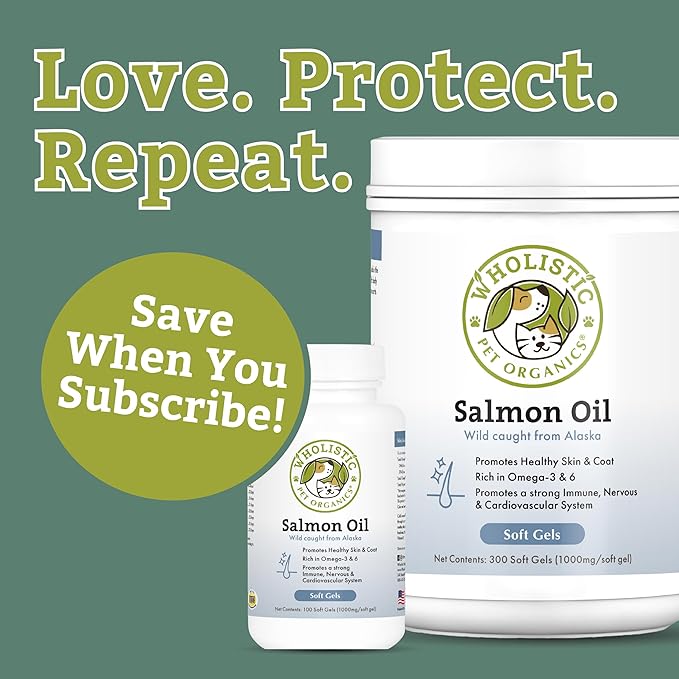 Wholistic Pet Organics Wild Alaskan Salmon Oil for Dogs and Cats - Omega 3 Fish Oil for Dogs & Cats - Cat & Dog Skin and Coat Supplement, Heart and Joint Health - DHA, EPA Omega 3 6 9-500 Soft Gels