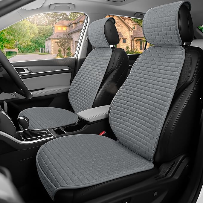 Linen Car Seat Covers Front Seat Covers - 2 PCS Durable & Non-Slip Breathable Cloth Fabric Car Seat Protector, Universal Fit for Most Automotive, Vans, SUVs, Trucks - Dark Gray