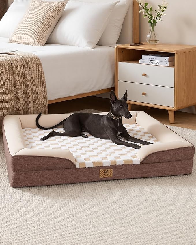 KSIIA Waterproof Dog Bed Orthopedic for XL Senior Dog Couch with Sides, Extra Thick Supportive Pet Bed Sofa with Soft Plush Cover and Non-Slip Bottom, 48 x 35 Inch, Brown