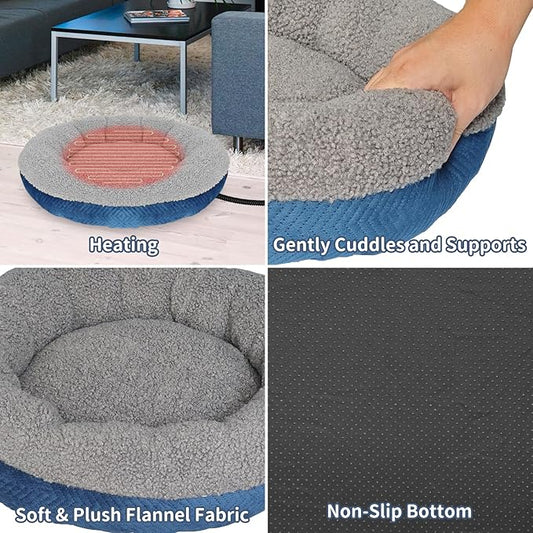 Heated Cat Beds for Indoor Cats Warming Cat Beds Super Soft Machine Washable Thermo Kitty Electric Heating Bed 19 Inches Round