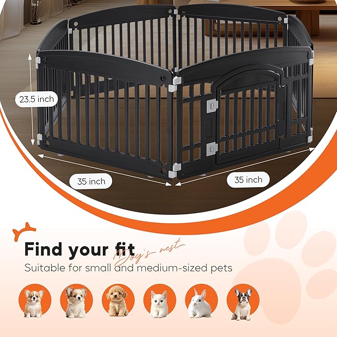 HealSmart 6 Panel Dog Playpen, 24” Exercise Puppy Playpen with Door, Safe, Secure, Folding & Portable Pet Playpen for Indoor & Outdoor Use, Suitable for Puppies and Small, Black