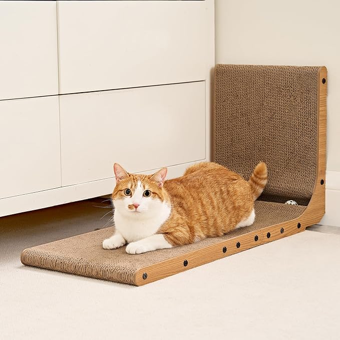 EHEYCIGA Cardboard Cat Scratcher for Indoor Kitten Cats, 19 Inch L Shaped Vertical Cat Scratching Board with Ball Cat Toy, Small Cat Scratcher Pad, Brown