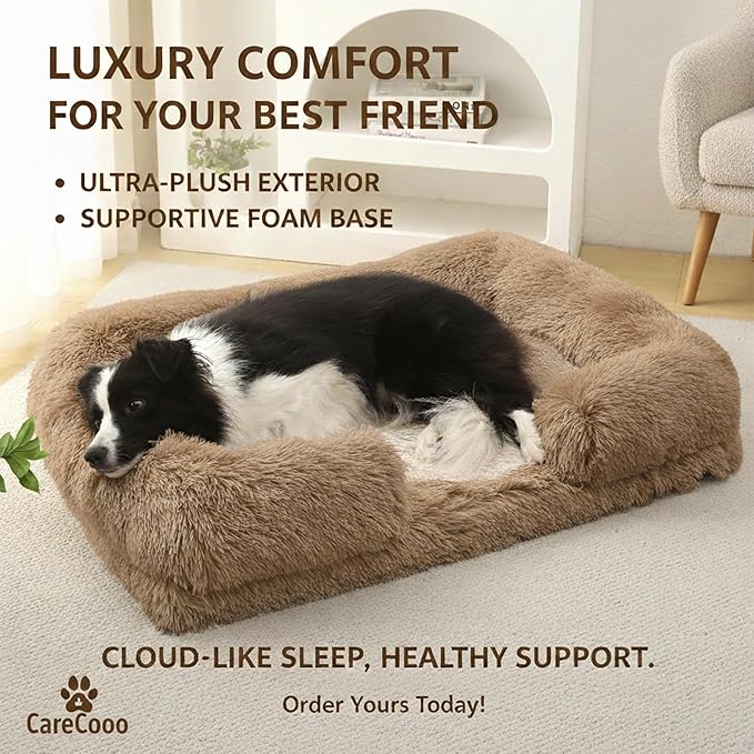 Orthopedic Dog Bed for XXL Dogs - Washable Memory Foam Pet Sofa, Fluffy Plush Rectangular Bed, Waterproof Anti-Anxiety Couch, Khaki, XXL