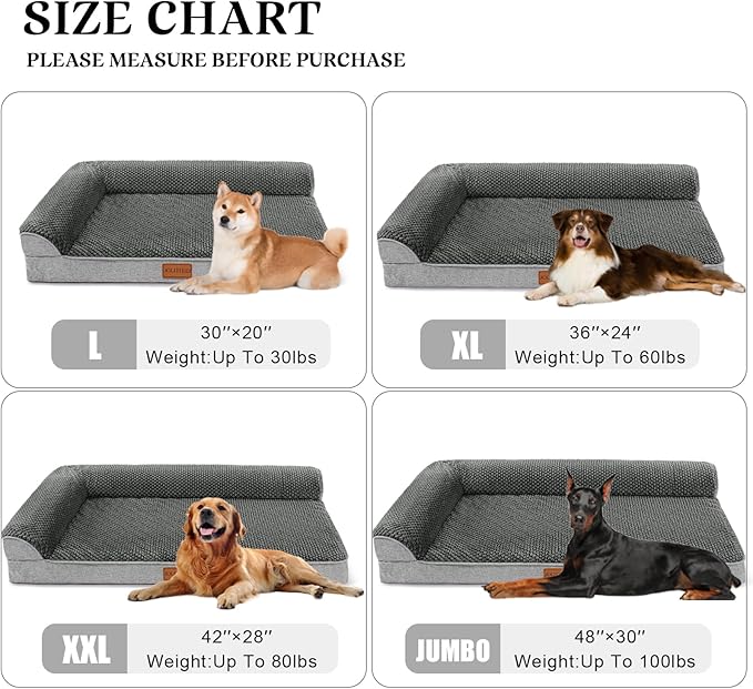 Orthopedic Dog Bed Large Sized Dog 36''X24'', Waterproof L Bolster Egg Crate Foam Pet Crate Beds with Washable Removable Cover, Non-Slip Soft Pet Couch Sleep Mat, Grey