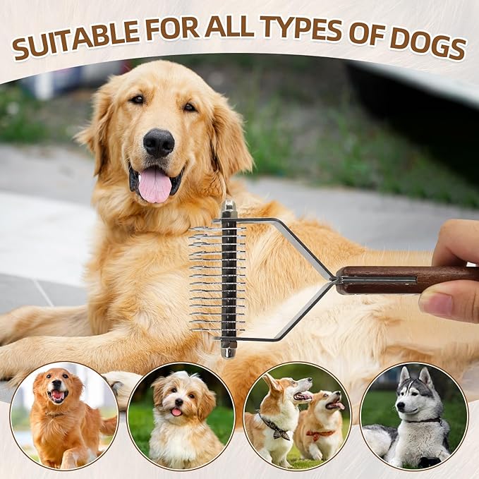 Large 2-Sided Undercoat Rake for Dogs and Cats,Professional Pet Grooming Shedding Tool Combs for animals,Stainless Steel with Wooden Handle for Thick Coats(14-Blades)