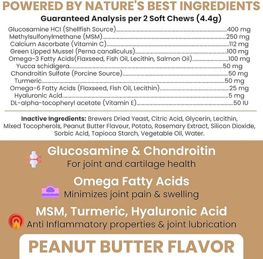 Glucosamine for Dogs Hip and Joint Supplement -240 Soft Chews for Senior Dogs with Glucosamine, Chondroitin, MSM, and Omegas -Mobility, Cartilage, Joint Health -Peanut Butter Flavor (2 Jars of 120)
