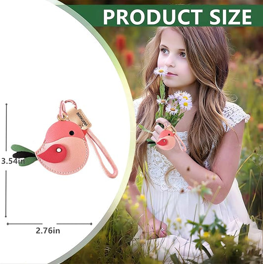 Leather Keychain Holder Case Compatible with AirTag,Cute Protective Cover with Keyring and Lanyard,Anti-Scratch Finder GPS Tracker Case for Wallet Keys,Bag,Pets,Backpack(Pink Bird)