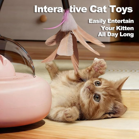 2 in 1 Rechargeable Interactive Cat Toys for Indoor Cats Self Play, Automatic Kitten Toys with Feather Wand and Laser Pointer for Cat Gifts (Cream White)