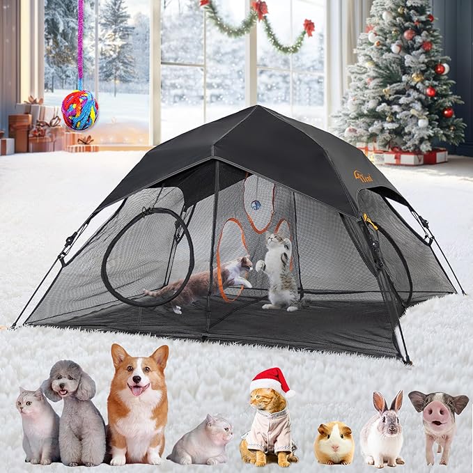 Tent Pop Up Cat Tent, Portable Lightweight Cat Playpen with 3 Holes, Indoor Outdoor Pet Enclosure w/Carry Bag, Foldable Interactive Cat Play House for Cats Kittens(Patented