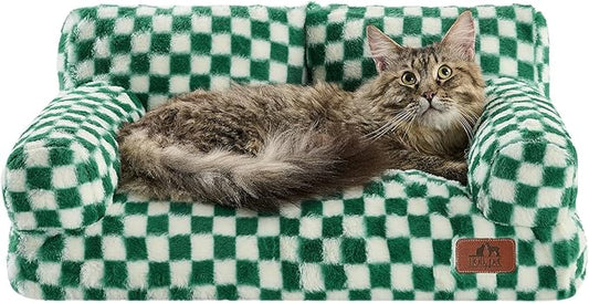 Hollypet Fluffy Dog Cat Bed Pet Couch Beds Plush Soft Warming Washable Puppy Bed for Small Medium Dogs and Large Cats, Forest Green and White, 24" L x 18" W x 10" Th