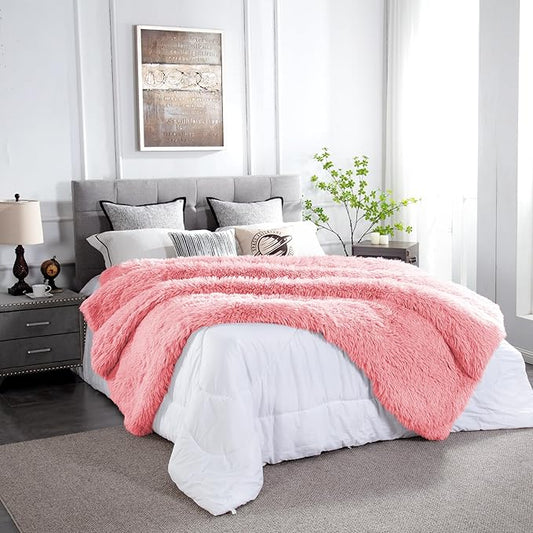 JONIYEAR Oversized Decorative Fluffy Faux Fur Throw Blanket Twin Size 60" x 71", Soft Luxury Lightweight Furry Blankets, Accent Cozy Shaggy Plush Fuzzy Blankets for Bed,Thick Warm Winter Blanket, Pink
