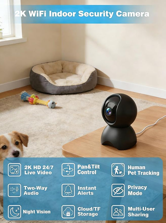 2K Security Camera Indoor, Pet/Dog/Baby Security Camera with Phone App, 5G/2.4G Wi-Fi, 360° Pan-Tilt, Night Vision, Human Auto Tracking, Local/Optional Cloud Storage, Black