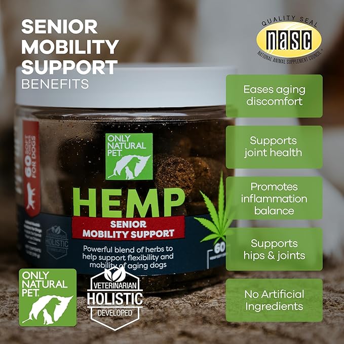 Only Natural Pet Hemp Advanced Mobility Support for Dogs Holistic Wellness Hip Bone Joint Health - Inflammatory Function Relieves Pain Stiffness Green Lipped Mussels Turmeric (HA) 60 Count