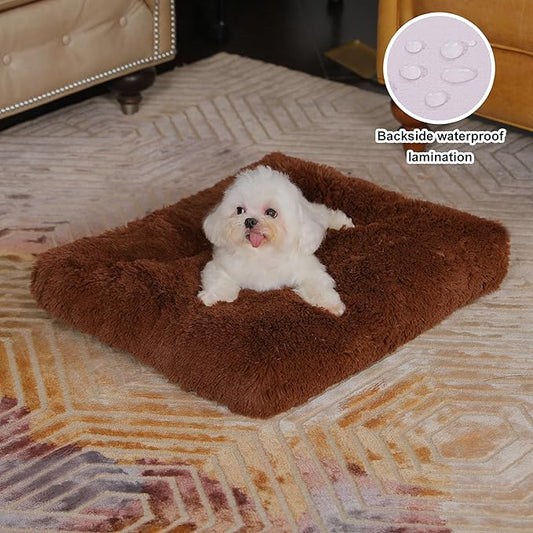Bedfolks Waterproof Crate Bed, Plush Dog & Cat Kennel Pad with Removable Cover, Faux Fur, Washable, 21"x13", Solid Brown
