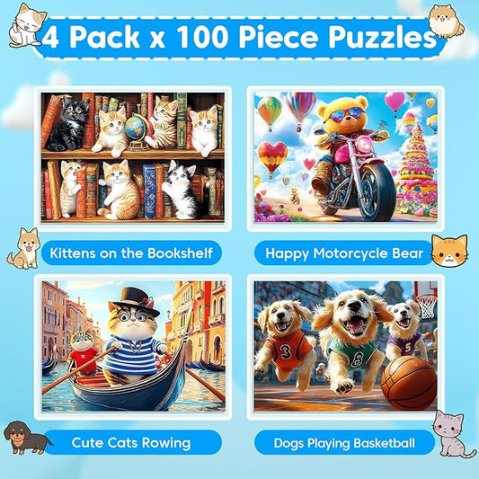4-Pack 100 Piece Puzzles for Kids Ages 4-6 6-8 8-10 Year Old - Lovely Cats & Bear & Dogs Large Piece Jigsaw Puzzles, Kids Puzzles Learning Educational Toys Christmas Puzzle Gifts for Boys Girls