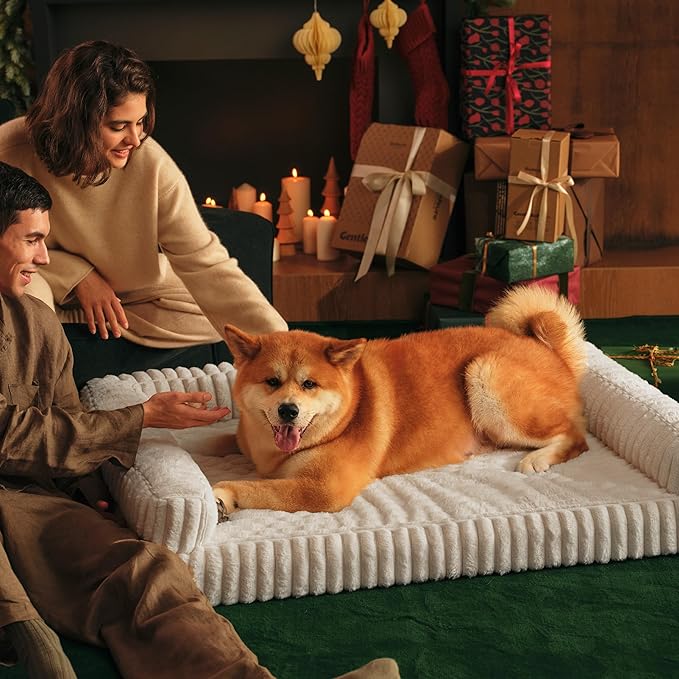 Bedsure ComfyFleece™ Orthopedic Dog Beds Large Sized Dog, Waterproof Memory Foam Pet Bed with Sides, Non-Slip Bottom and Egg-Crate Foam Large Pet Couch Sofa with Washable Corduroy Cover, Cream