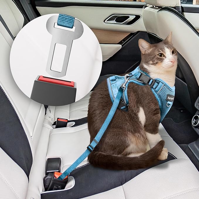 Cat Harness and Leash for Walking, The Upgrade Can be Adjusted in Four Directions and Breathable Cat Harness for Anti Escape that can be Fitted and Positioned, Reflective Strips Harness, Blue, M