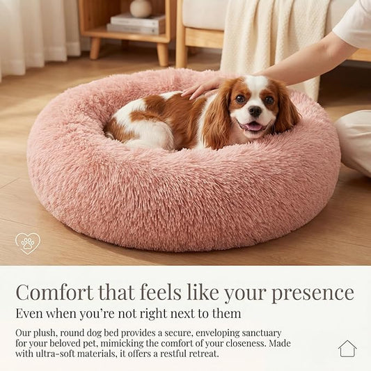 Calming Dog Bed for Medium Dogs Washable Donut 30 inches Anti-Slip Pet Bed,Round Fluffy Plush Faux Fur Cat Bed,Fits up to 45 lbs Pets,Pink