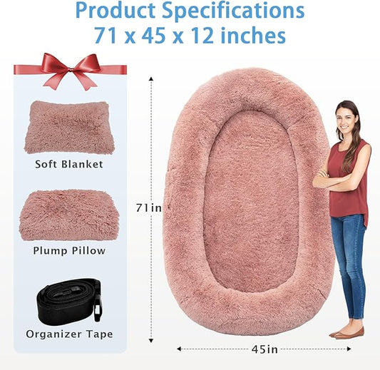 Human Dog Bed, 71''x45''x12'' Size Fits People and Pet 10 CM Thick Memory Foam Washable Adult Large Bed Giant Oversize Foldable Dog Bed with Plump Pillow, Blanket, Strap - Pink