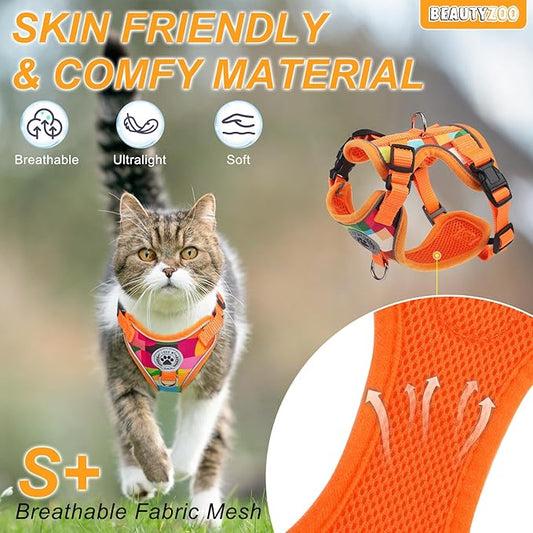 BEAUTYZOO Cat Harness and Leash for Walking, Escape Proof Soft Adjustable Vest Harnesses for Small Cats Kittens, Easy Control Breathable Reflective Strips Jacket, Orange, S