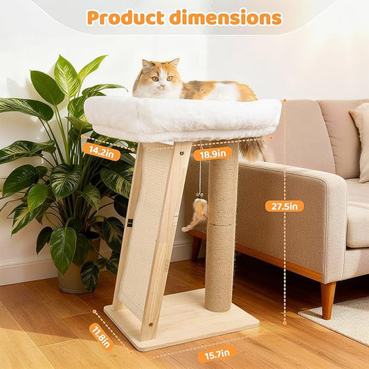 27.5" Cat Scratching Post, 3-in-1 Multifunctional Natural Pine Wood Cat Furniture, Tall Scratch Posts with Perch&Scratcher, Boxed with Hanging Bell Toy, Medium
