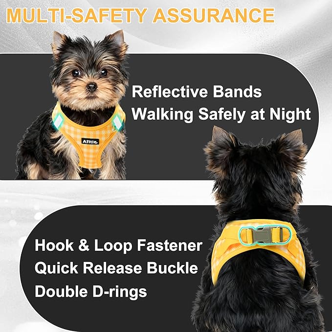AIITLE No Pull Dog Harness and Leash Set, Step in No Chock Soft Mesh Dog Harnesses Reflective for Extra-Small Puppy Dogs and Cats, Plaid Dog Vest Harness for Pets Yellow XXS
