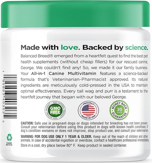 Balanced Breed All-in-1 Dog Vitamins Supplements Made in USA Vet-Pharmacist Approved Dog Multivitamin Probiotics Glucosamine Chondroitin Dogs Salmon Oil Skin Coat Immune Senior Dogs Supplement NonGMO
