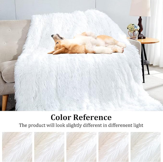 JONIYEAR Extra Large Decorative Fluffy Faux Fur Blanket Queen Size 80" x 90", Soft Luxury Lightweight Furry Blankets, Solid Cozy Shaggy Plush Thick Warm Fuzzy Blankets for Winter Bed Couch, White