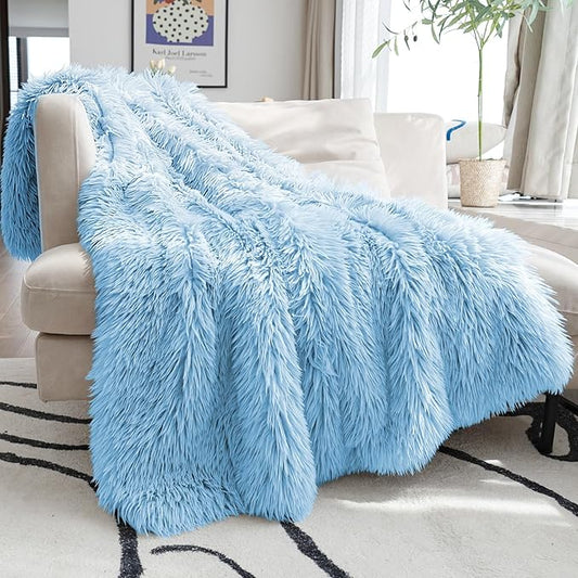 JONIYEAR Extra Large Decorative Fluffy Faux Fur Blanket Queen Size 80" x 90", Soft Luxury Lightweight Furry Blankets, Solid Cozy Shaggy Plush Thick Warm Fuzzy Blankets for Winter Bed Couch, Blue