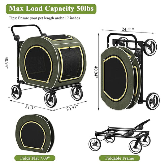 Kepptory Foldable Pet Stroller for Small Medium Dogs Cats, Detachable Carrier, 50lbs Max Weight Capacity, Portable Lightweight Travel Dog Stroller for Outdoor Walking Shopping Camping, Green