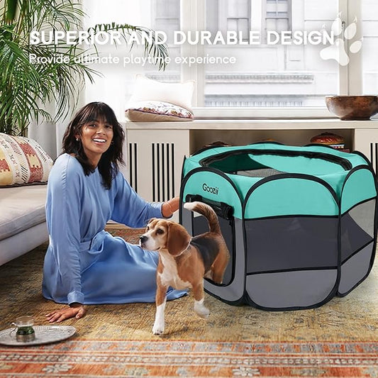 Goozii Pet Cat Playpen for Indoor Cats Enclosed, Puppy Dog Play Pen for Outdoor Travel Camping (Medium Size, Green & Dark Grey)