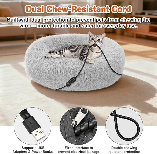 Heated Cat Beds for Indoor Cats and Small Dogs, 24'' Heated Pet Bed with Timer and Temp Adjustable, Cozy Fluffy Round Calming Pet Beds Removable Washable Cover USB Electric Warm Cat Bed- Light Gray