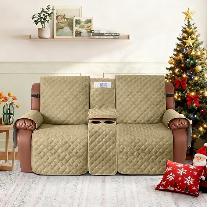 Ruaozz Waterproof Loveseat Recliner Cover with Console Non-Slip Reclining Couch Covers Split Sofa Slipcovers with Elastic Straps Furniture Protector for Kids, Dogs, Pets (Sand, 2 Seater)