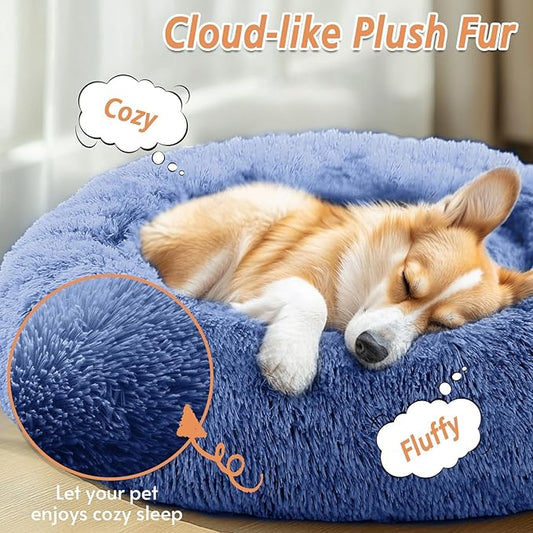 JOLLYVOGUE Calming Dog Bed for Small Dogs - 23 inches Donut Washable Small Dog Bed for Kittens & Puppies, Anti-Slip Round Fluffy Plush Faux Fur Cat Beds (Fits up to 25 lbs Pets, Navy Blue)