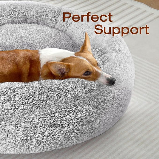 JOLLYVOGUE Small Dog Bed, Calming Soft Anti-Anxiety Donut Cat Bed, Washable Round Fluffy Cushion for Small and Medium Pets (20")