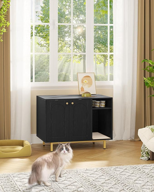 Hzuaneri Cat Litter Box Enclosure Enclosed, Hidden Litter Box Cabinet Furniture with Storage, Wooden Indoor Cat House Large, Modern End Table for Living Room Entryway, Black and Gold CB01504G