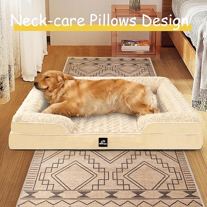 Orthopedic Dog Bed for Large Medium Sized, Washable Memory Foam Large Dog Bed, Medium Pet Sofa with Removable Cover, Washable Waterproof Pet Couch Beds(Beige, L)