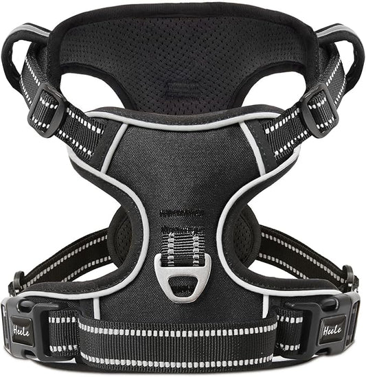 HEELE Dog Harness, No Pull Adjustable Padded Reflective Harness for Small Medium Large Dogs with Handle for Walking Training, Black, L