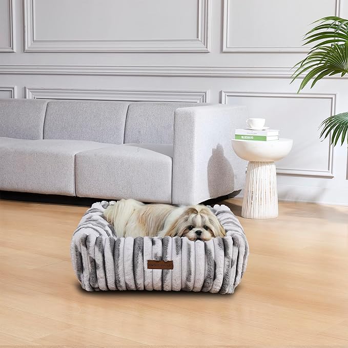 Modern Threads Ribbed Plush Two-Tone Cuddler Dog Bed, Ultra-Soft Faux Rabbit Fur, Supportive Bolstered Sides, Removable Washable Cover, Bed for Small to Medium Dogs, Silver, (24" L x 20" W x 8" Th)