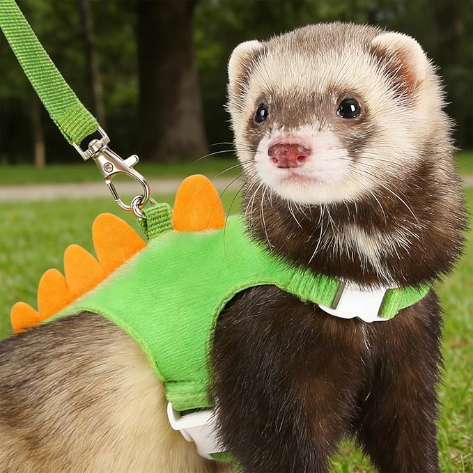 Ferret Harness and Leash Set, Dinosaur Shaped Harness Leash for Training Playing Small Animals Vest Harnesses with Safe Bell for Rabbit Hamster Teacup Chihuahua and Other Small Animals