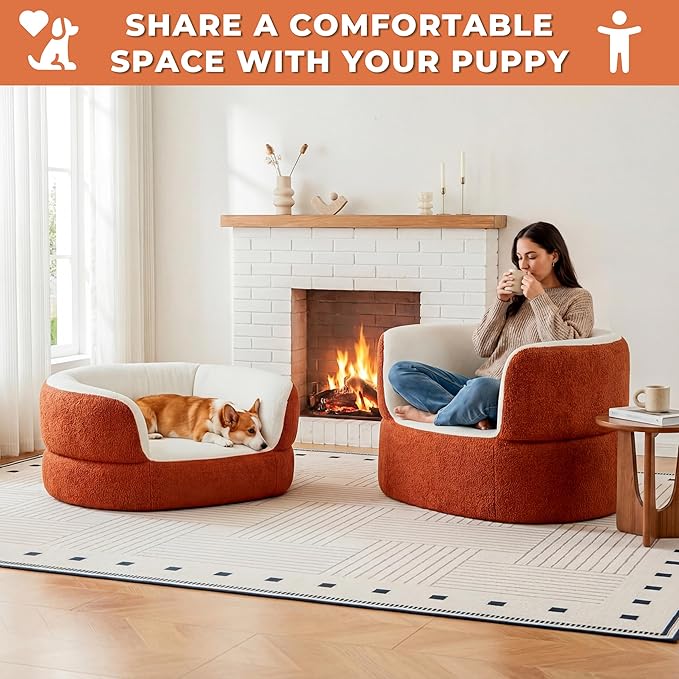 39.4" Orange Large Dog Couch Bed for Large Dogs Under 80lbs, Semi-Wrapped Round Faux Shearling Elevated Dog Sofa Chair, No Assembly Required Luxurious Indoor Furniture Style Pet Supplies