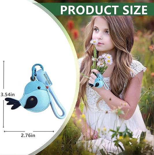 Leather Keychain Holder Case Compatible with AirTag,Cute Protective Cover with Keyring and Lanyard,Anti-Scratch Finder GPS Tracker Case for Wallet Keys,Bag,Pets,Backpack(Blue Bird)