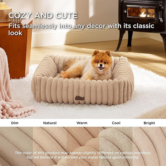 Bedsure ComfyFleece™ Cute Dog Bed for Small Medium Dogs - Washable Furry Puppy Beds, Rectangle Orthopedic Corduroy Fleece Pet Beds with Removable Zipper Cover, 25x21x7inches,Sandy Beige