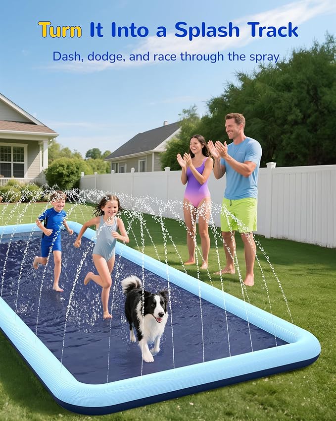 VISTOP Non-Slip Splash Pad for Kids and Dog, Thicken Sprinkler Pool Summer Outdoor Water Toys - Fun Backyard Fountain Play Mat for Baby Girls Boys Children or Pet Dog (97 * 60 inch, Blue&Blue)