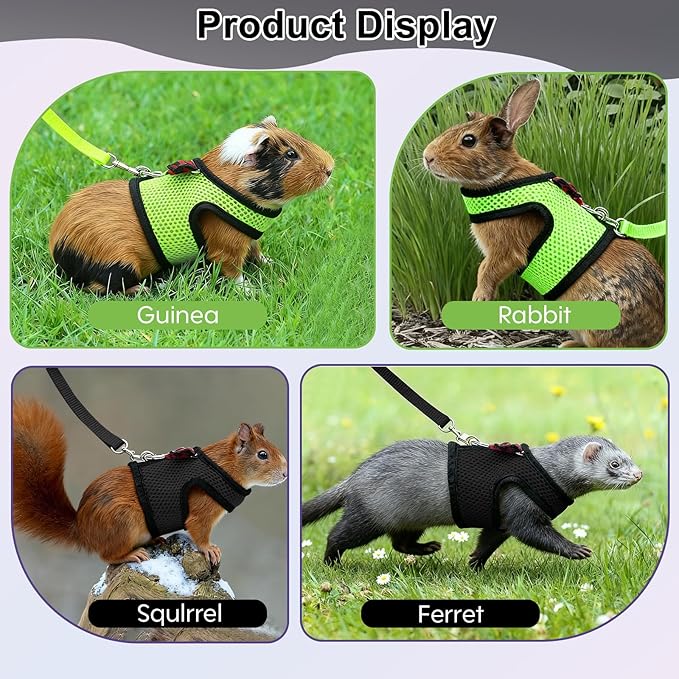 Guinea Pig Harness and Leash,2packs Guinea Pig Clothes Baby Ferret Rats Hamster Soft Mesh Harness Leash for Decoration,Hamster Harness can be Adjusted to Any Size. (Black + Green)